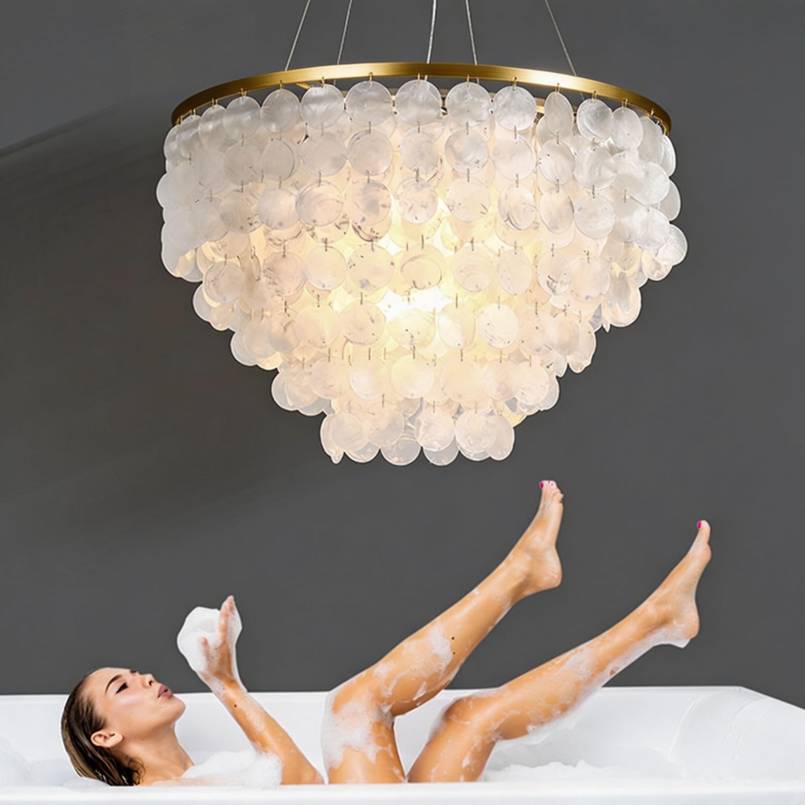 ZEDSUN 5 Tier Capiz Shell Chandelier, H16'' x D24'' Natural Shell
